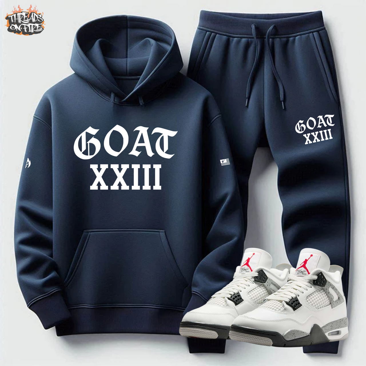 Men's GOAT XXIII Navy Sweatsuit – Navy Blue Hoodie & Joggers Set for Jordan 4 White Cement