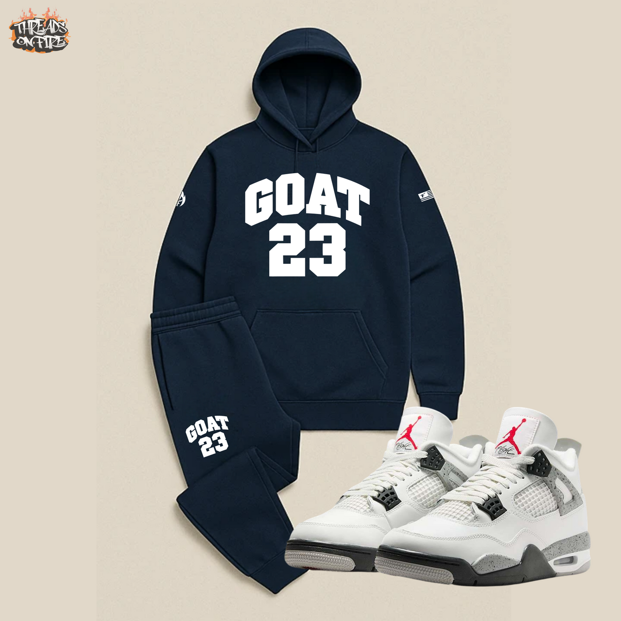 Men's GOAT 23 Navy Sweatsuit – Navy Blue Hoodie & Joggers Set To Match Jordan 4 White Cement
