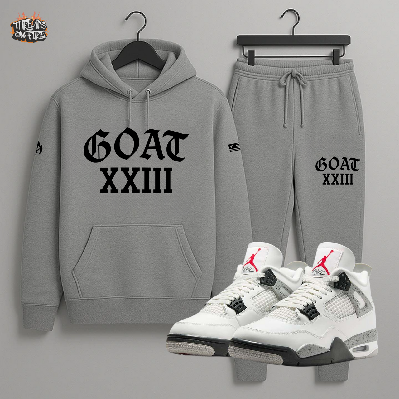 Men's Grey Sweatsuit GOAT 23 Hoodie Joggers Tracksuit 2pc Set To Match Air Jordan 4 White Cement
