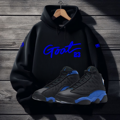 Men's GOAT 23 Black Graphic Hoodie Match Air Jordan 13 Retro Hyper Royal Blue Sneaker Sweatshirt