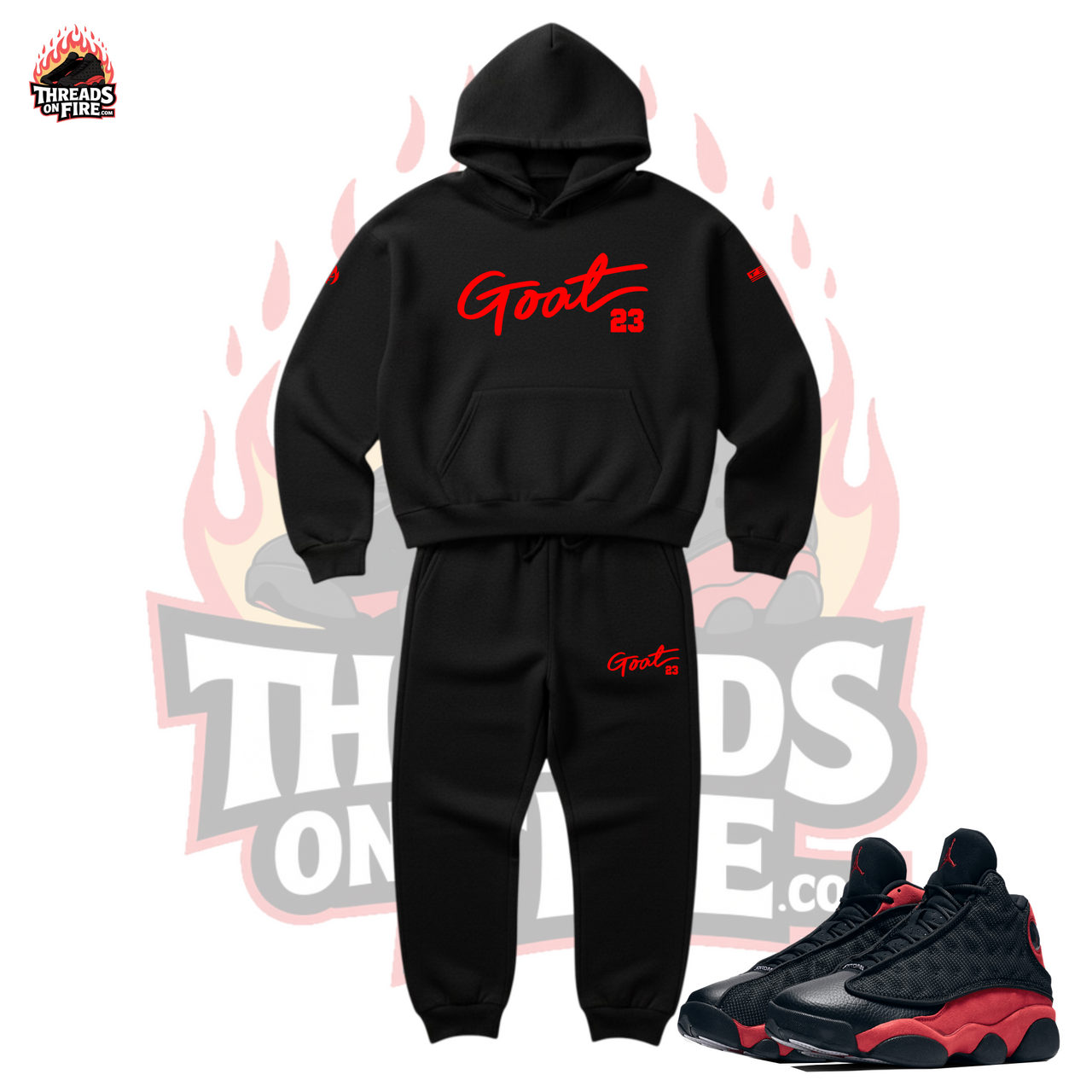 Men's "GOAT 23" Sneaker Sweatsuit Black and Red To Match Air Jordan 13 Retro Bred Hoodie Joggers Set