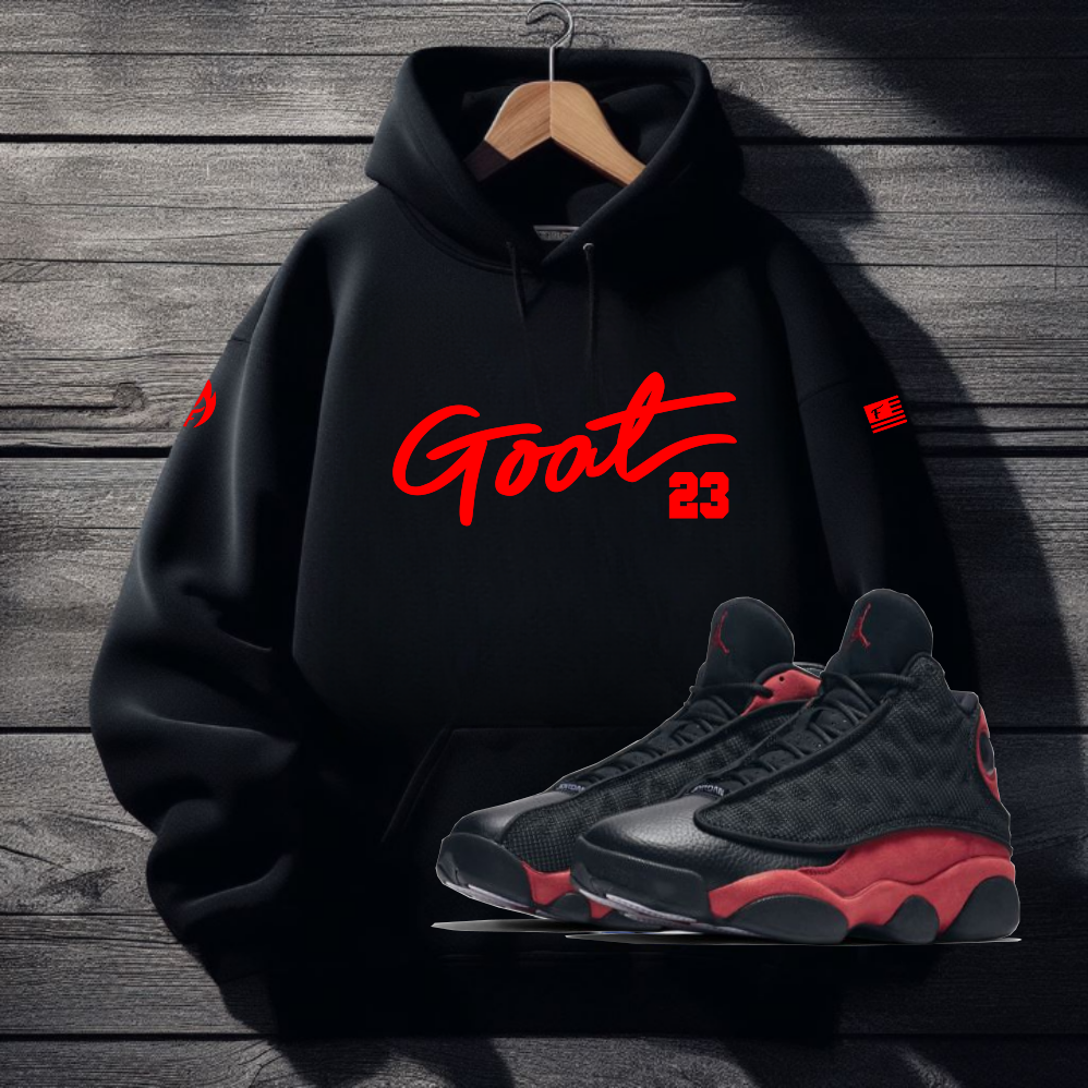 Men's GOAT #23 Black Hoodie To Match Air Jordan Retro 13 Bred