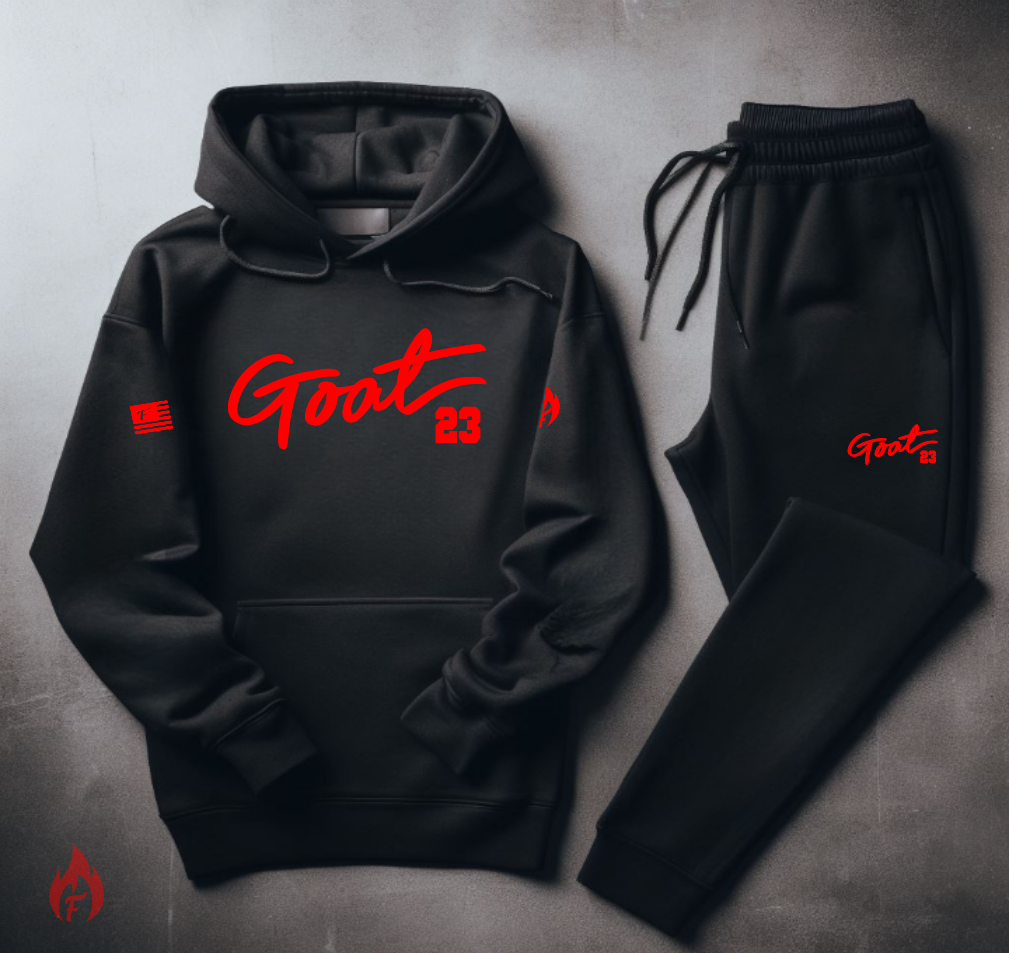 Men s GOAT 23 Sneaker Sweatsuit Black and Red To Match Air Jordan 13 Threads On Fire