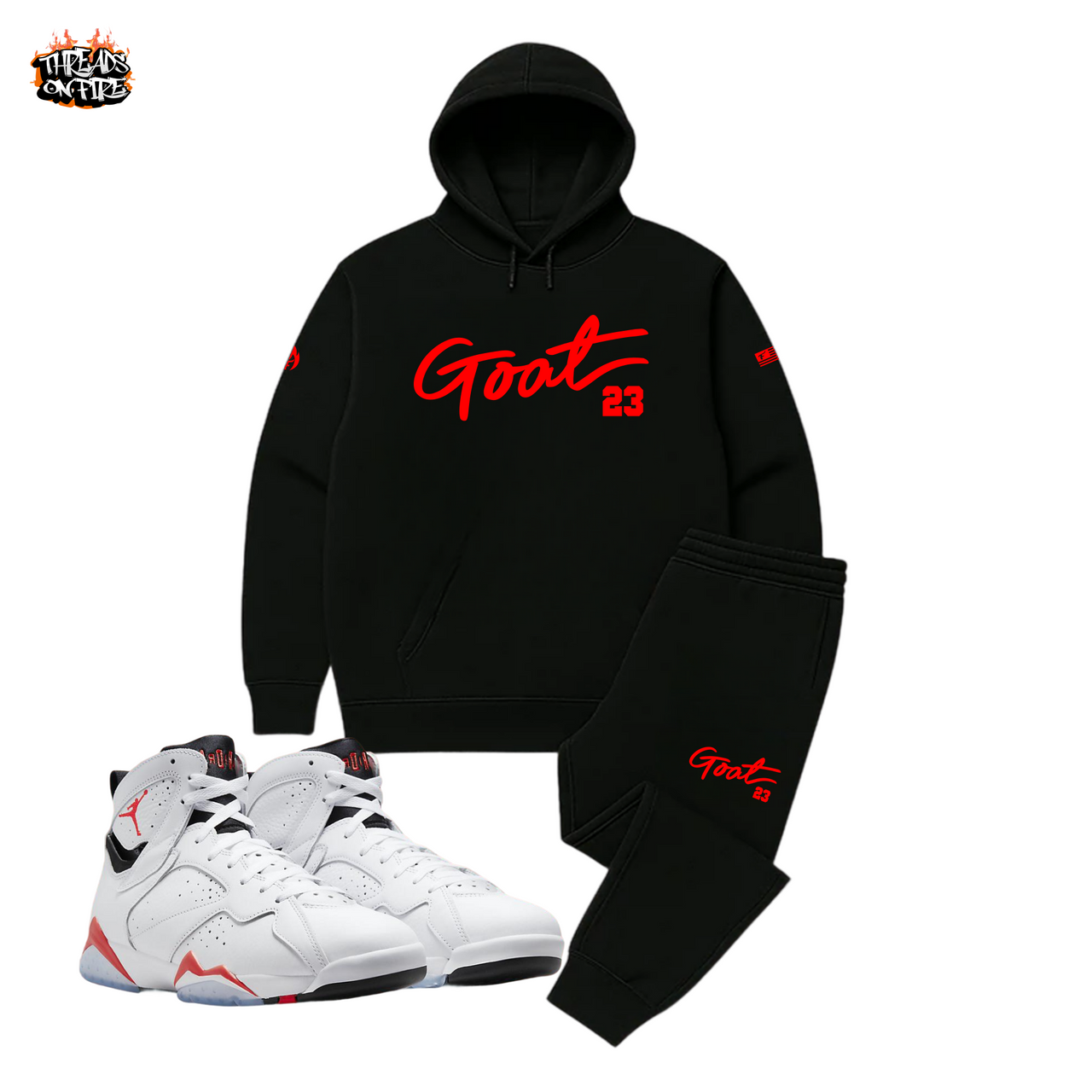 Men's 'Goat 23' Black Red Hoodie Joggers Sweatsuit To Match Air Jordan 7 White Infrared