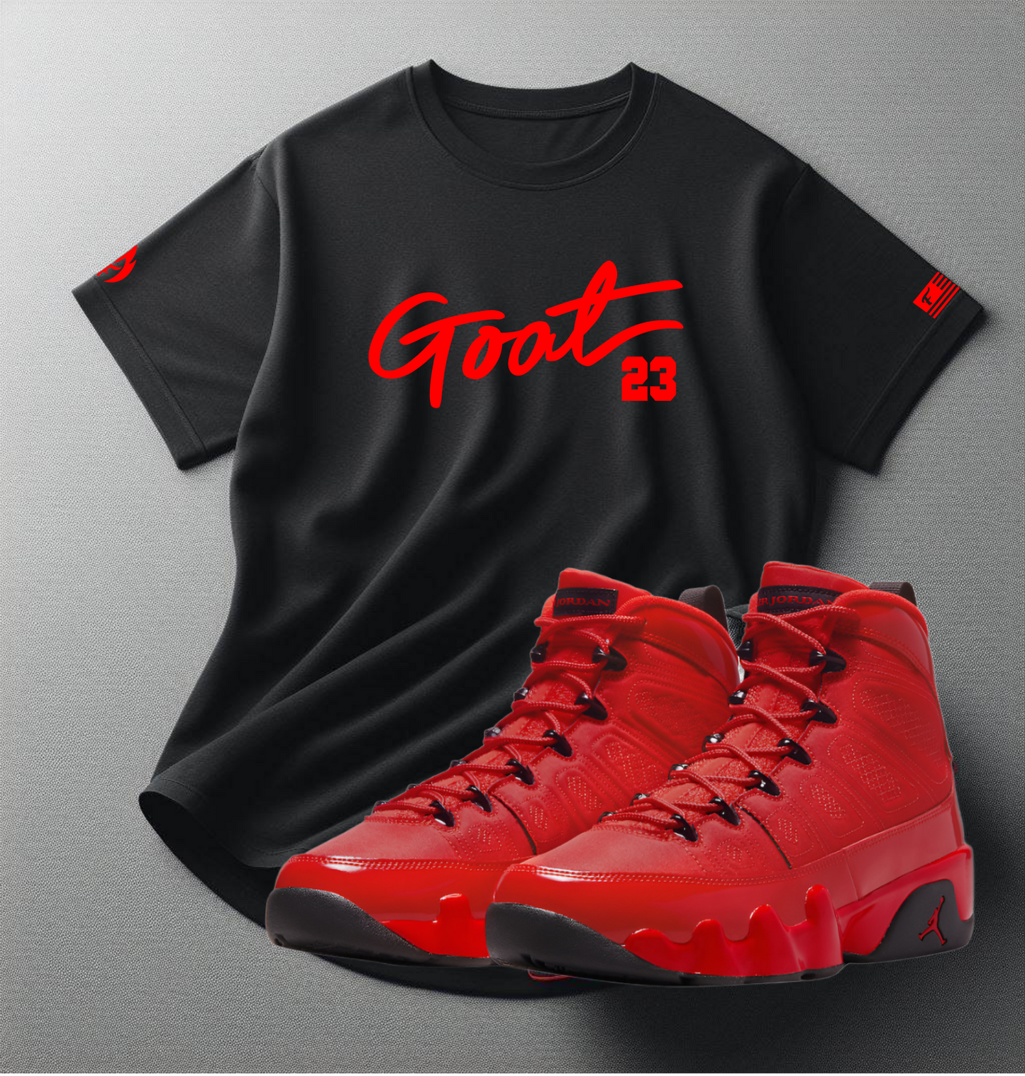 GOAT 23 Black T-Shirt To Match Air Jordan Retro 9 Chili Red Men's Sneaker Tees