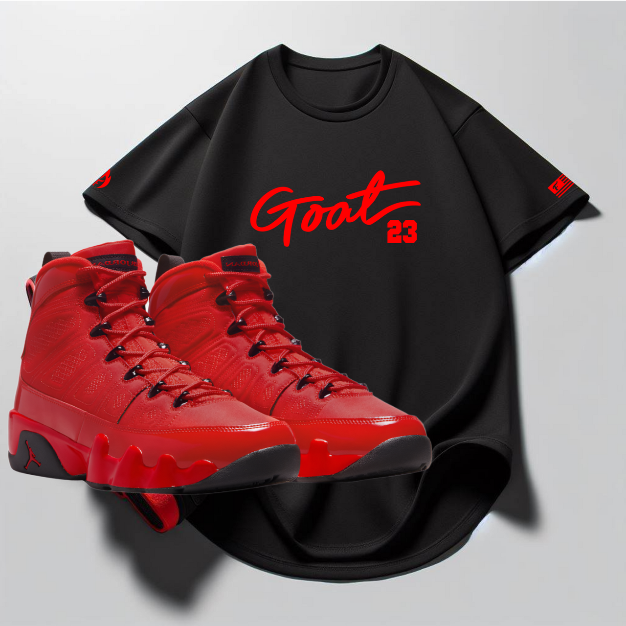 GOAT 23 Black T-Shirt To Match Air Jordan Retro 9 Chili Red Men's Sneaker Tees