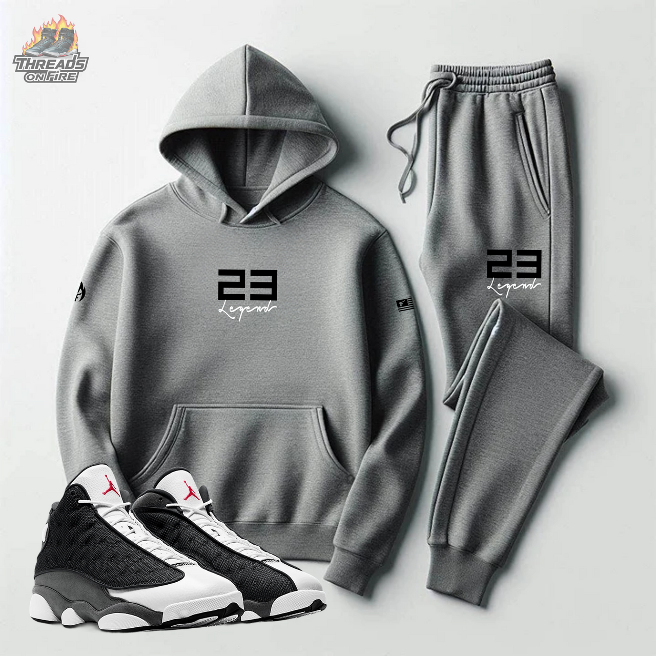 Men's Grey Sweatsuit 23 Legend Grey Black Hoodie Joggers To Match Air Jordan 13 Black Flint