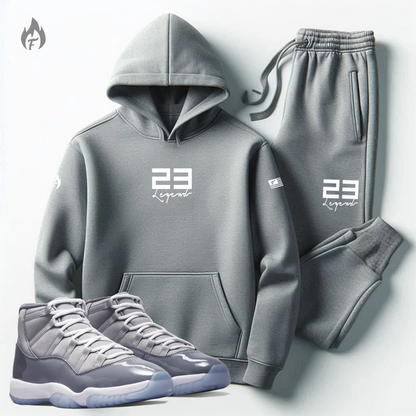 Grey 23 Legend Graphic Air Jordan 11 Cool Grey Inspired Sneaker Sweatsuit for Men Matching Hoodie and Joggers Set