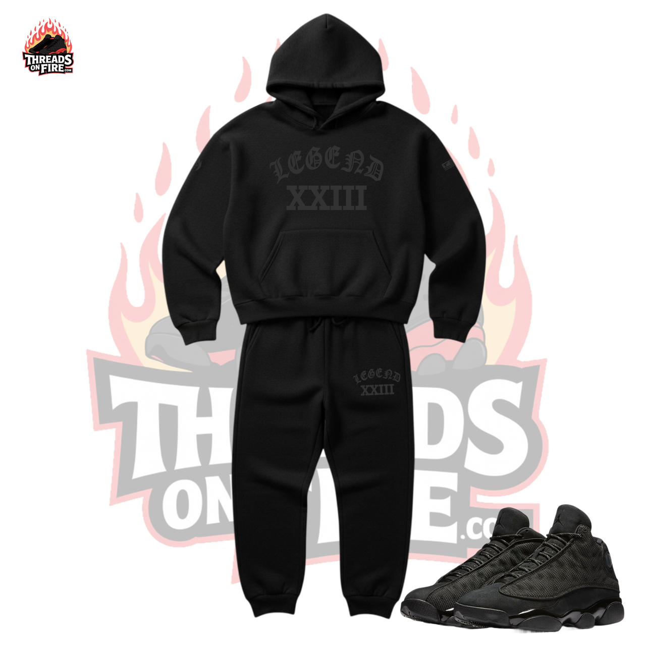 Men's Legend 23 Black Out Hoodie Joggers Sweatsuit To Match Air Jordan 13 Black Cat