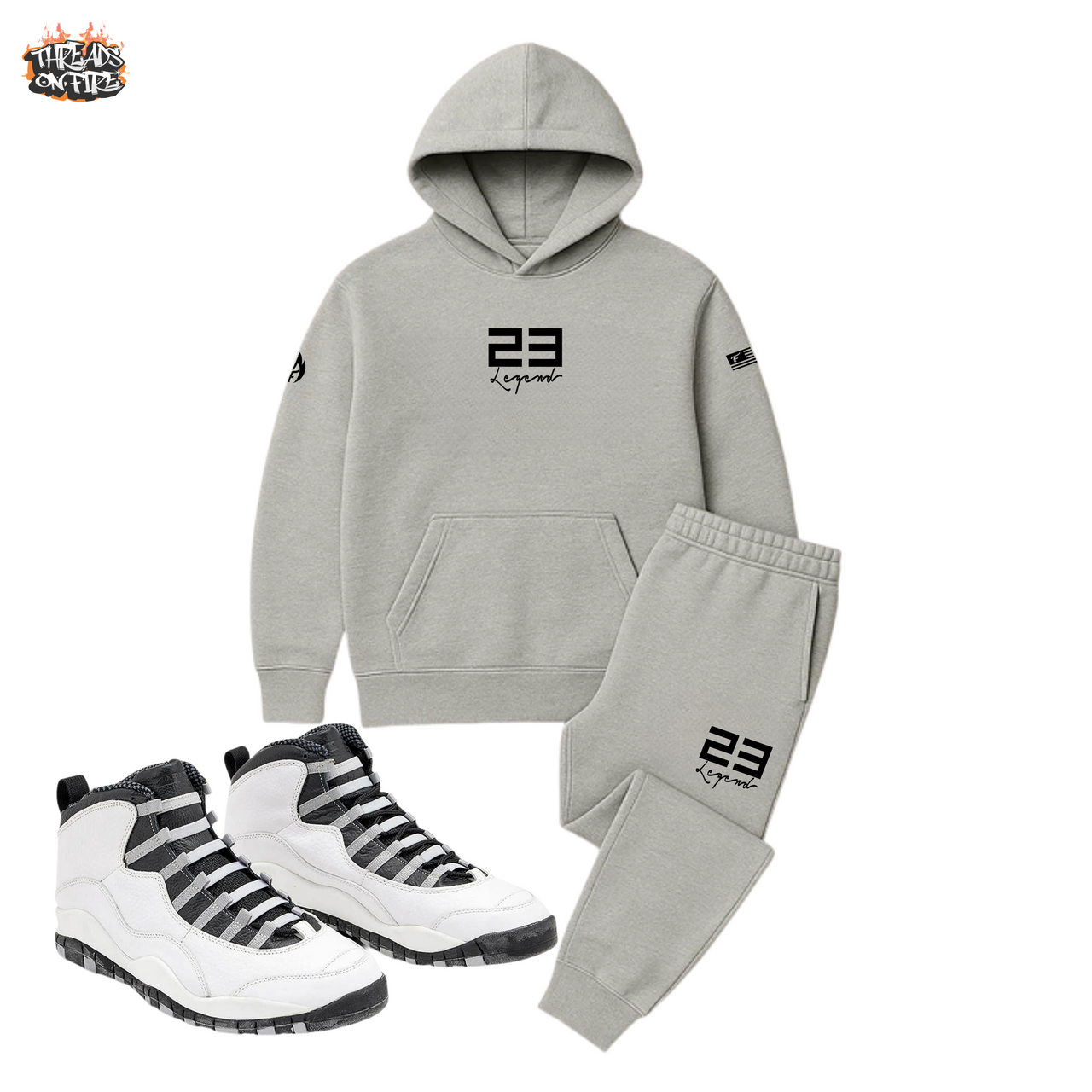 Men's Grey Hoodie Joggers Sweatsuit Set To Match Air Jordan Retro 10 Steel