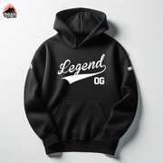 Black hoodie with 'Legend OG' text on a light gray background