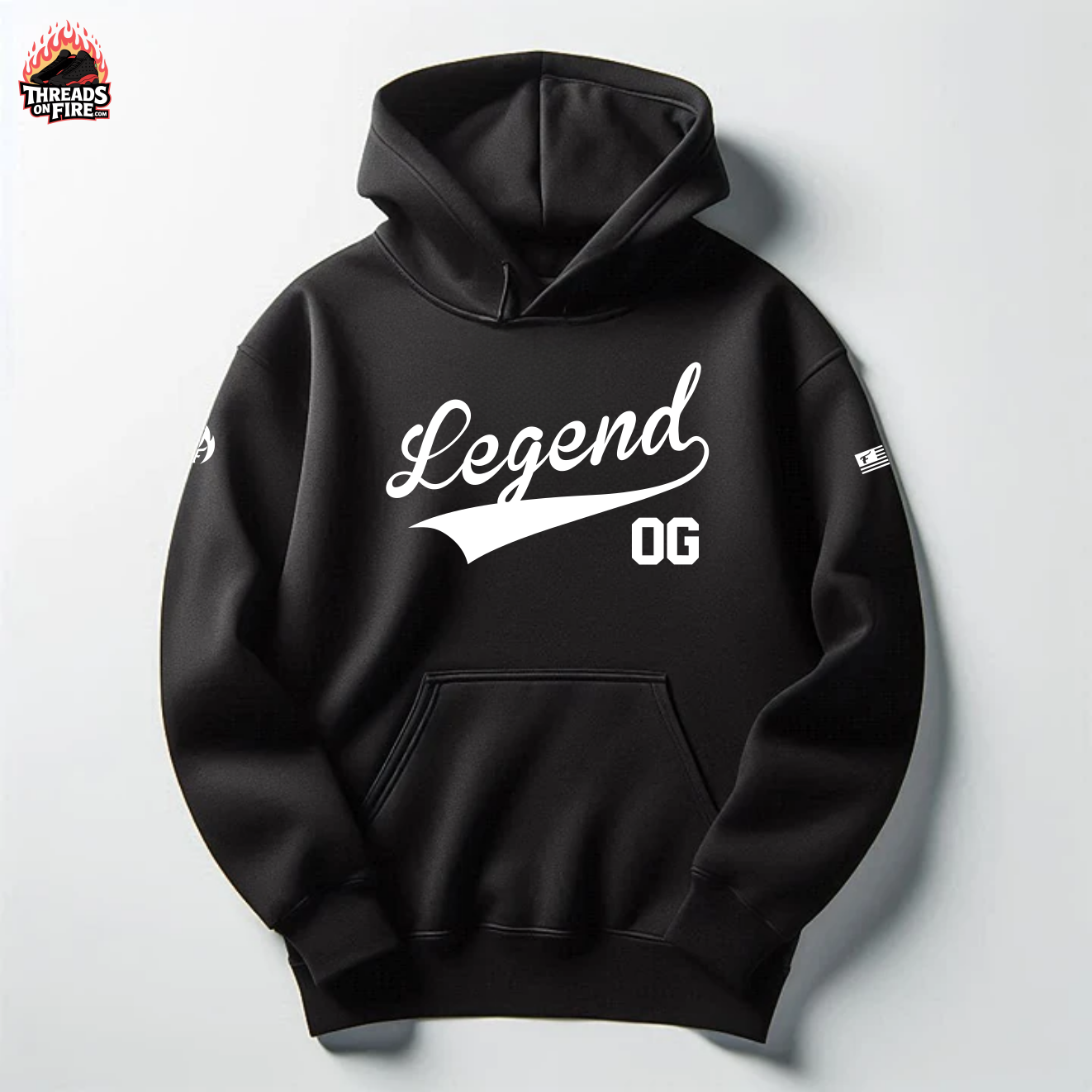 Black hoodie with 'Legend OG' text on a light gray background