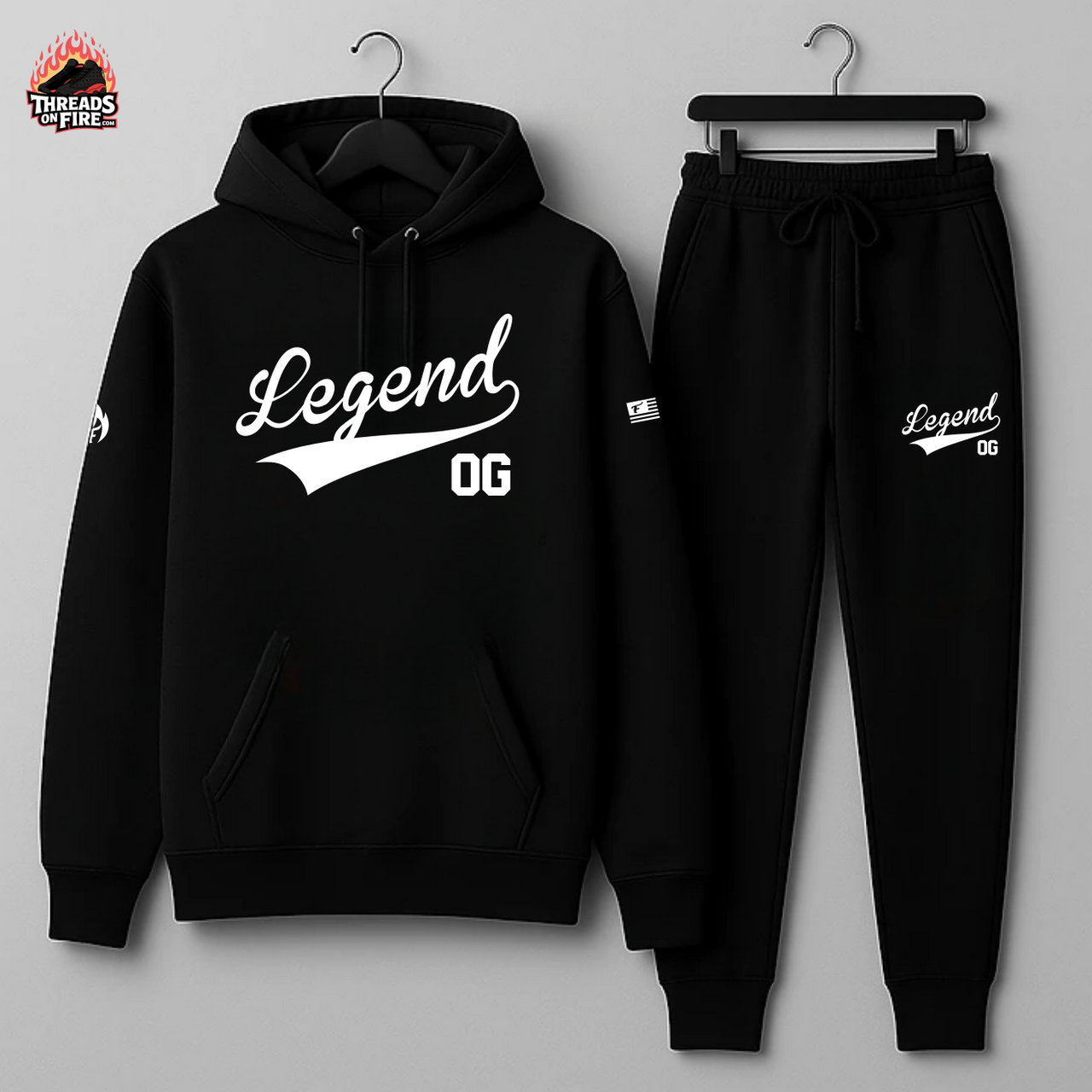 Black hoodie and pants set with 'Legend OG' text on a gray background