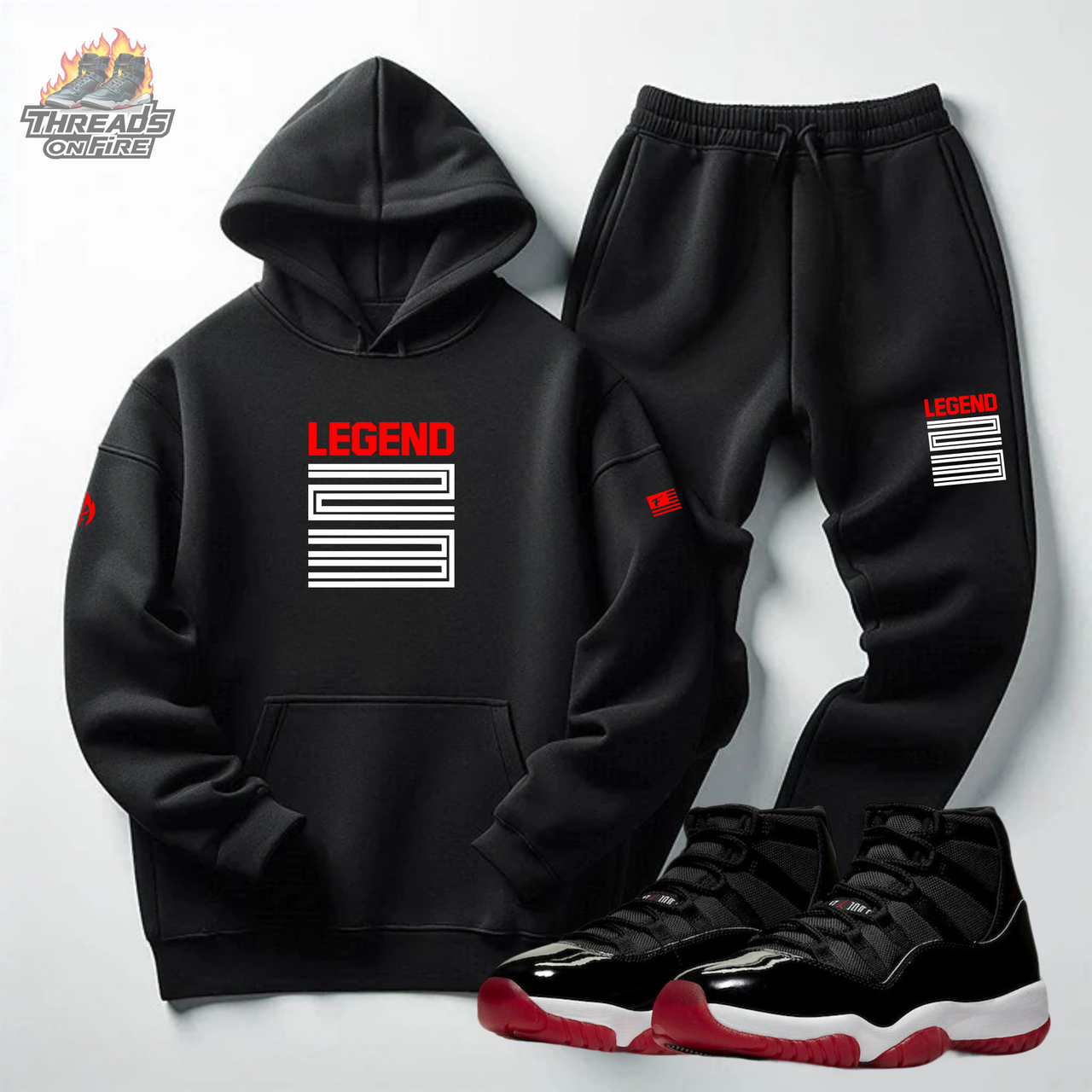 Men's Black Hoodie Black Joggers 23 Legend Sweatsuit Set To Match Air Jordan Retro 11 Bred