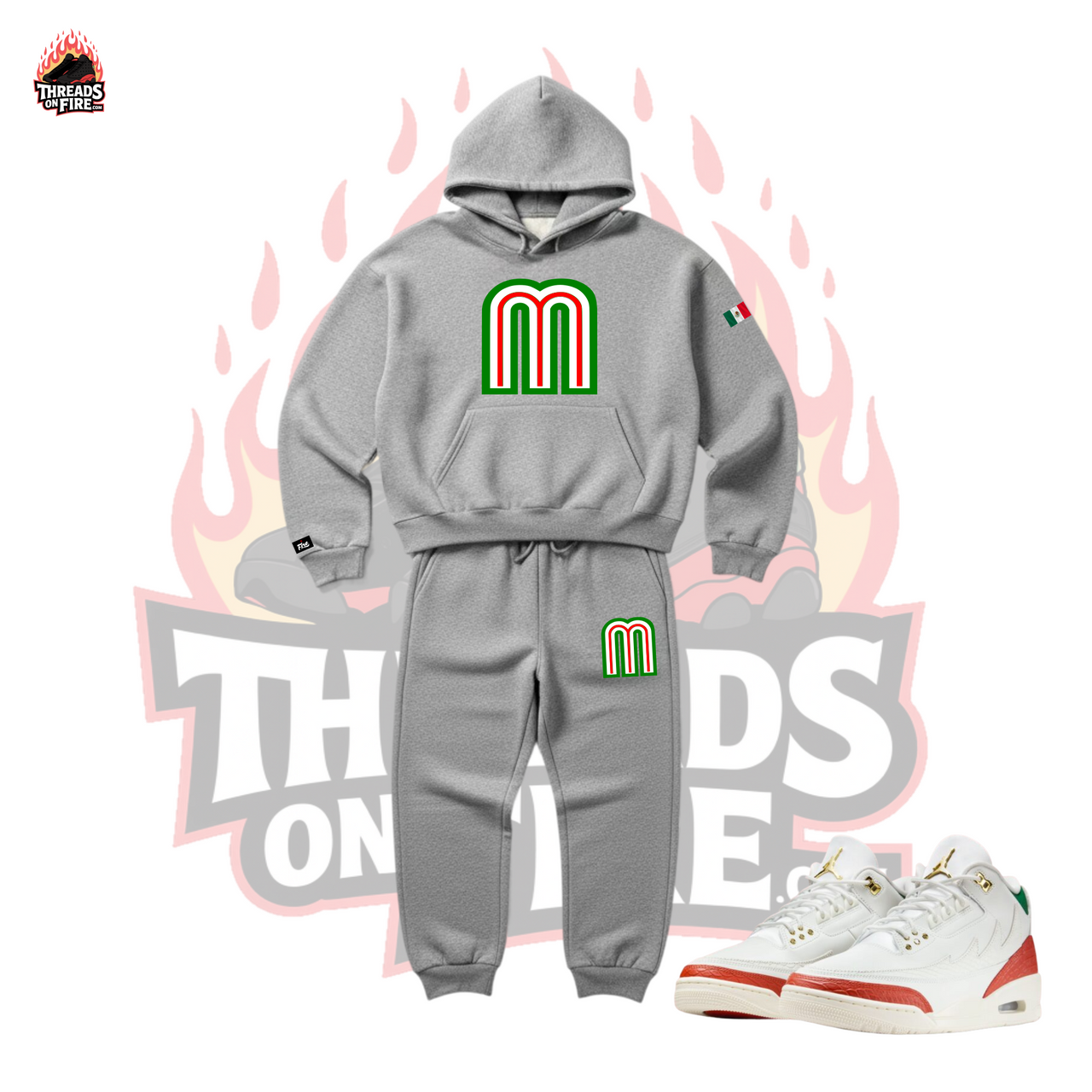 Men's MEXICO 'M' Grey Hoodie Joggers Sweatsuit To Match Air Jordan 3 EL Vuelo