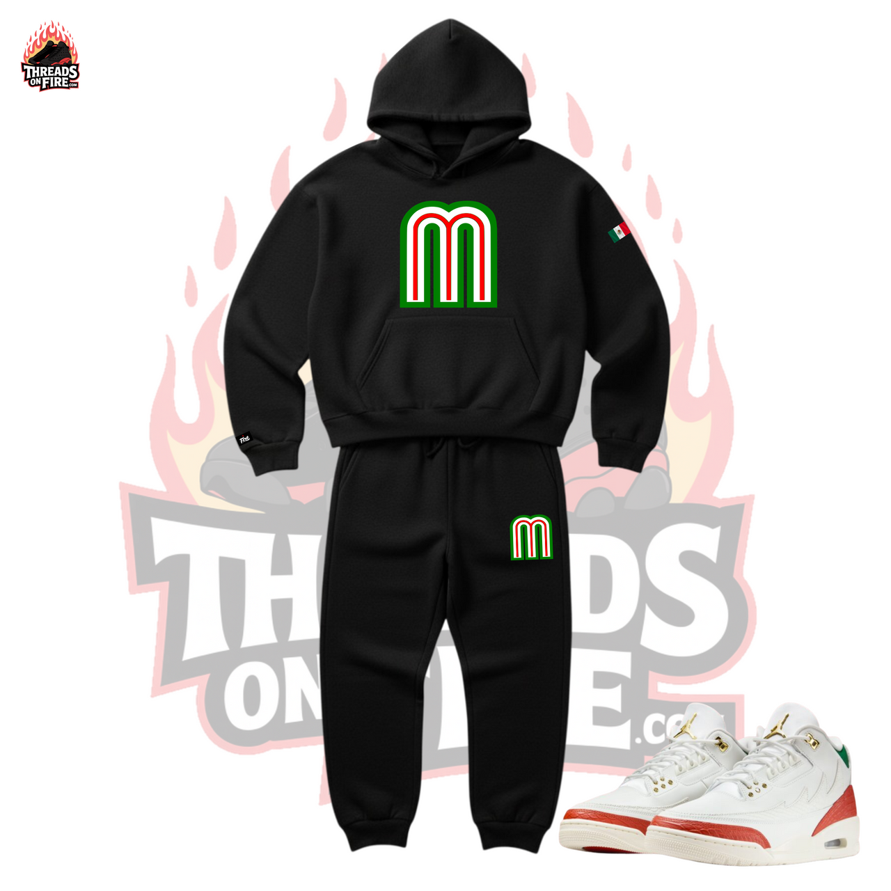 Men's MEXICO 'M' Black Sweatsuit Hoodie Joggers Sweatpants To Match Air Jordan 3 El Vuelo
