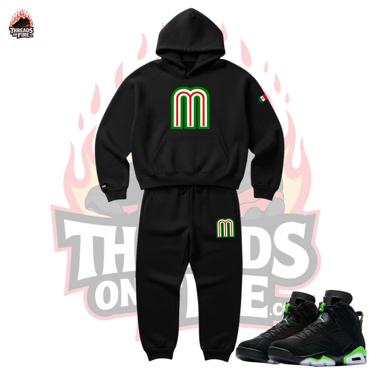 Men's MEXICO 'M' Black Hoodie Joggers Sweatsuit To Match Air Jordan 6 Electric