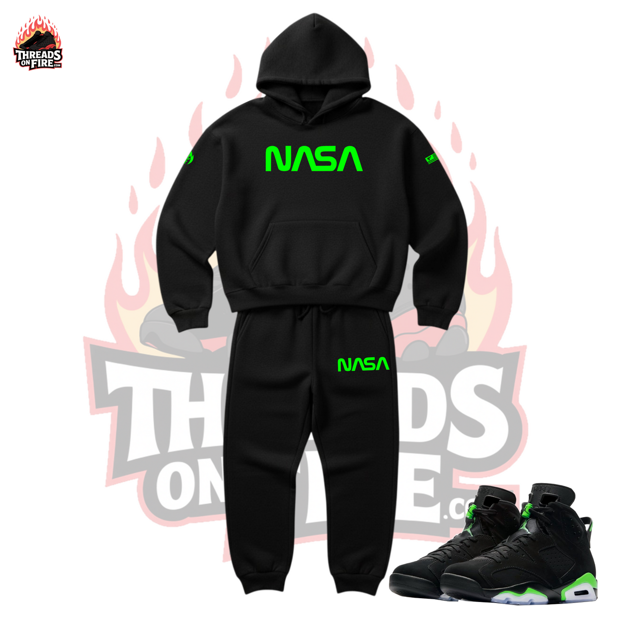 Men's Black Hoodie and Joggers Set To Match Air Jordan 6 Retro Electric Neon Green NASA Sweatsuit