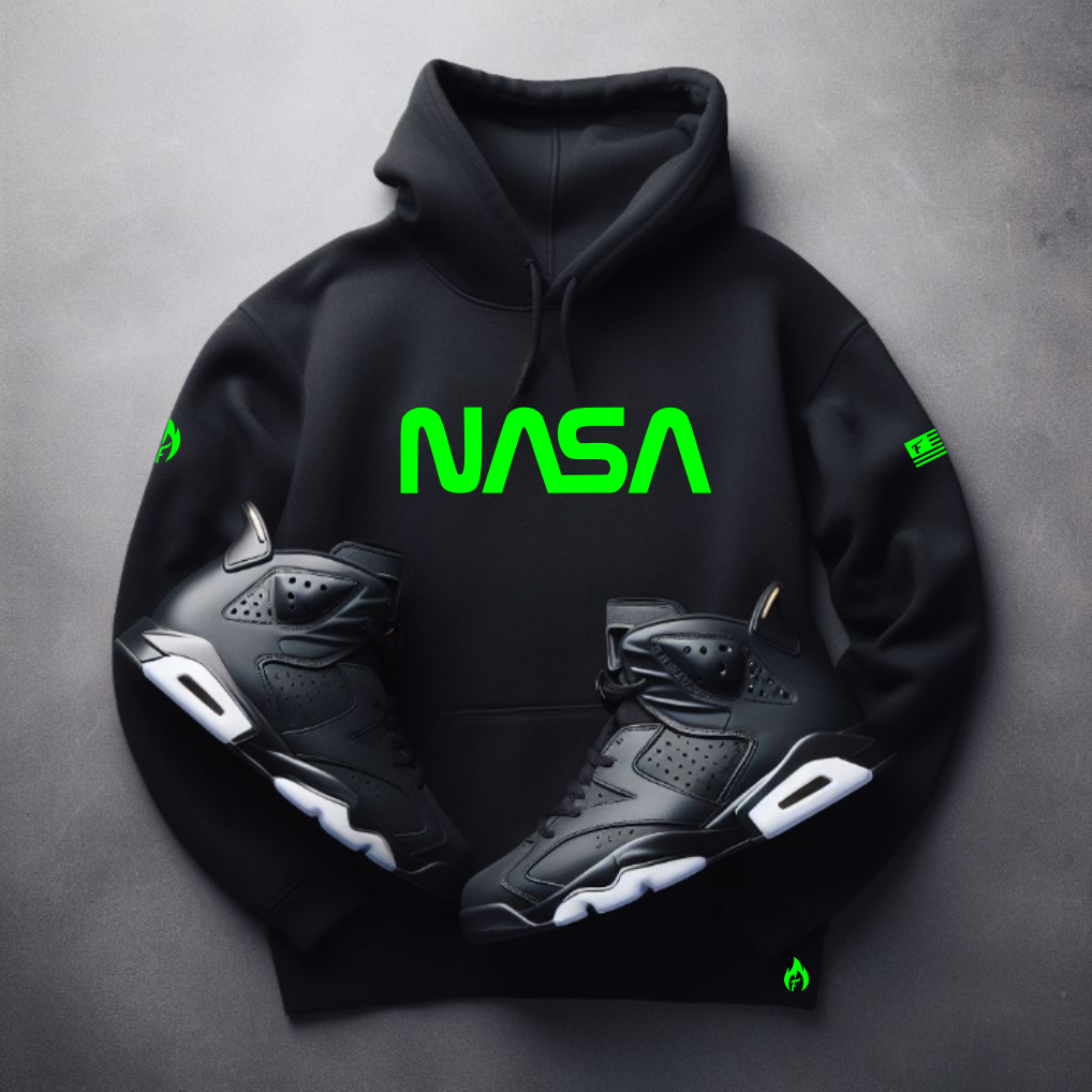 Men's Black Neon Green NASA Graphics Sneaker Hoodie To Match Air Jordan Retro 6 Electric Green