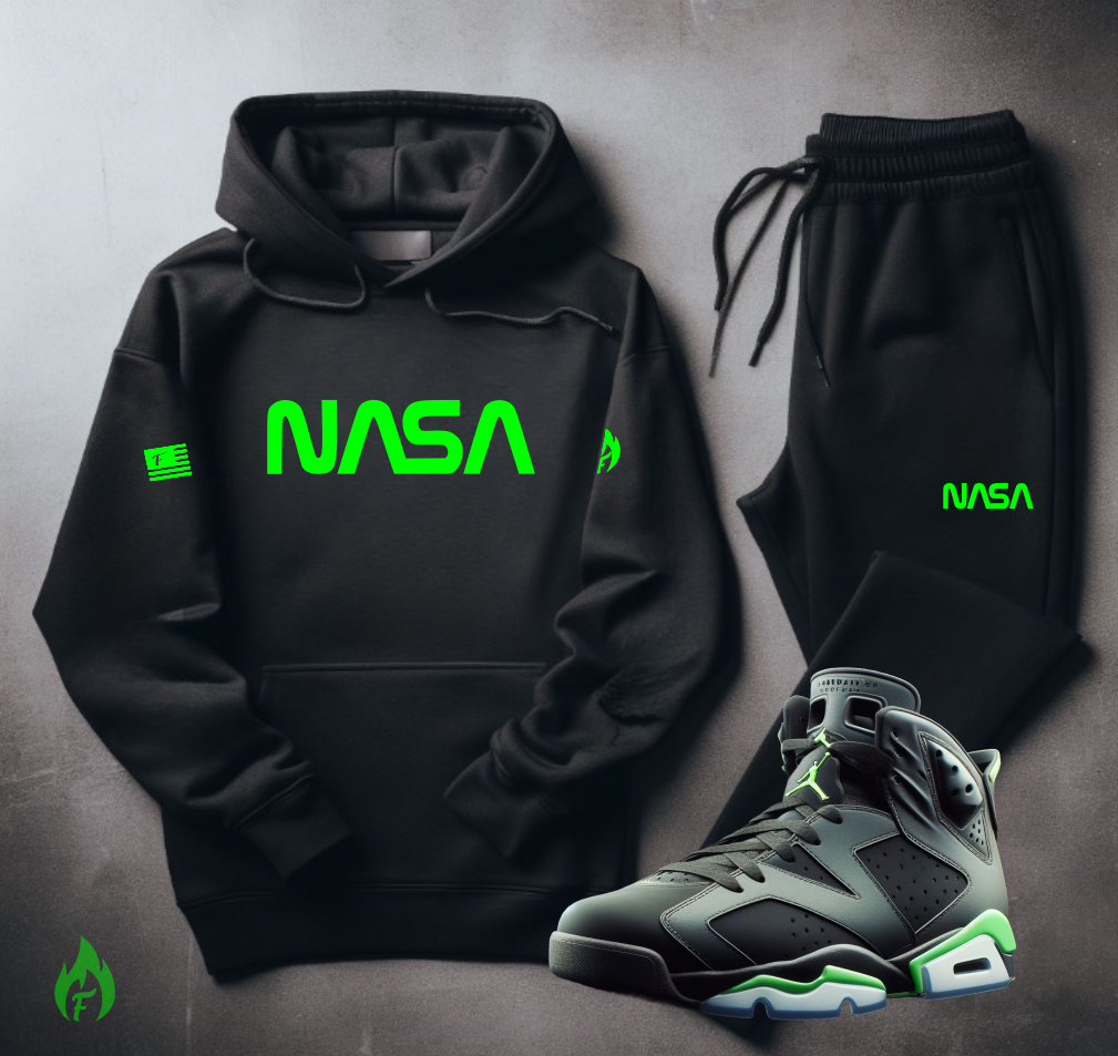 Men's Black Hoodie and Joggers Set To Match Air Jordan 6 Retro Electric Neon Green NASA Sweatsuit