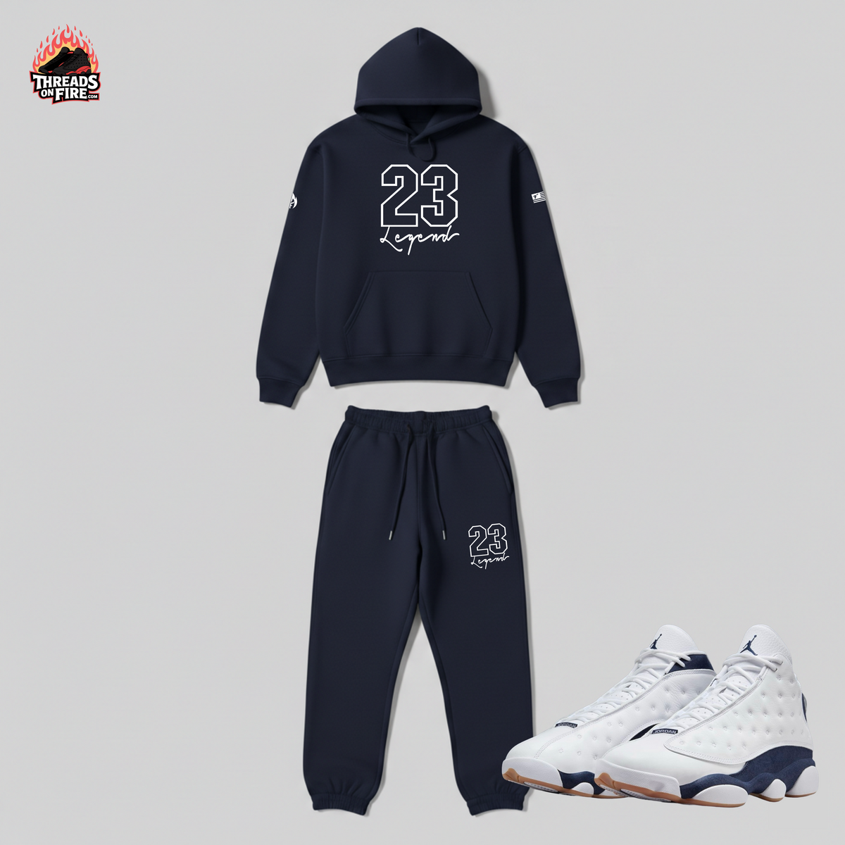 Men's Navy Blue Hoodie & Joggers Sweatsuit To Match Air Jordan 13 Midnight Navy 23 Legend Tracksuit