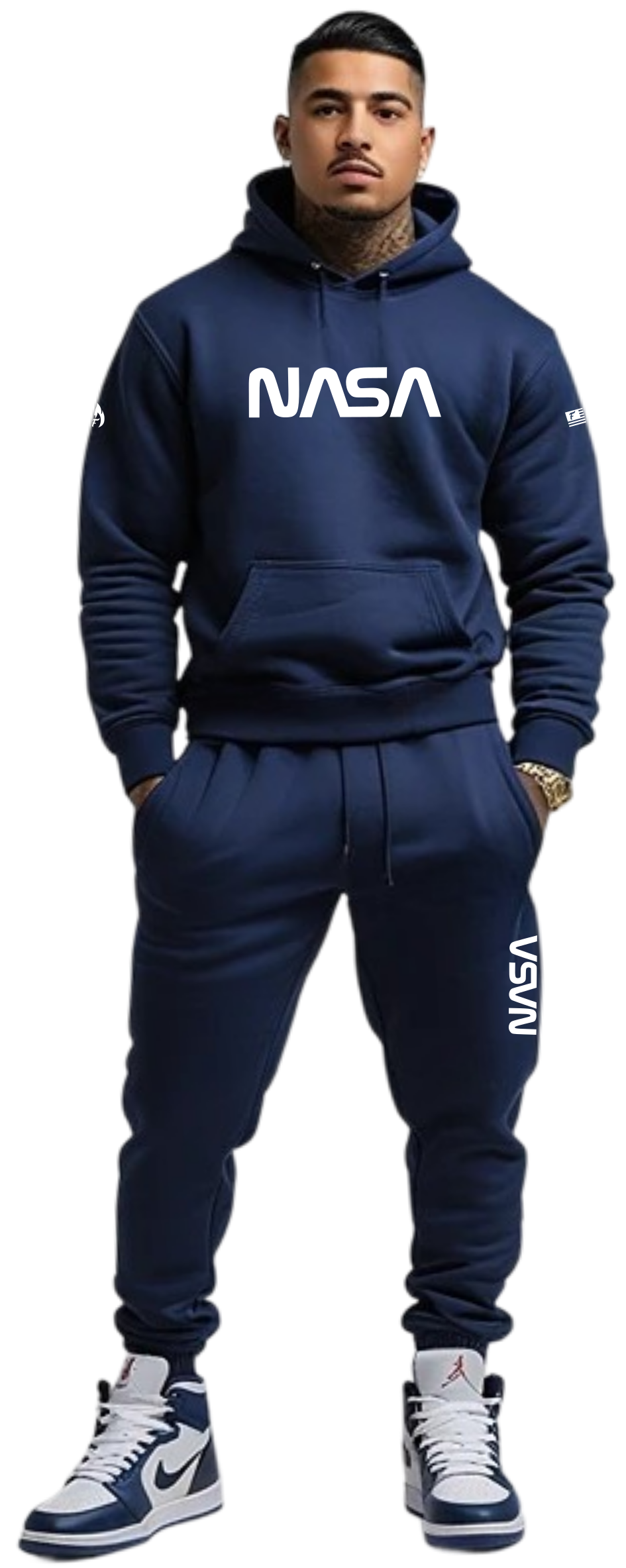 Men's Navy Blue NASA Sweatsuit Hoodie Joggers 2pc Set Nasa Space Blue White Tracksuit