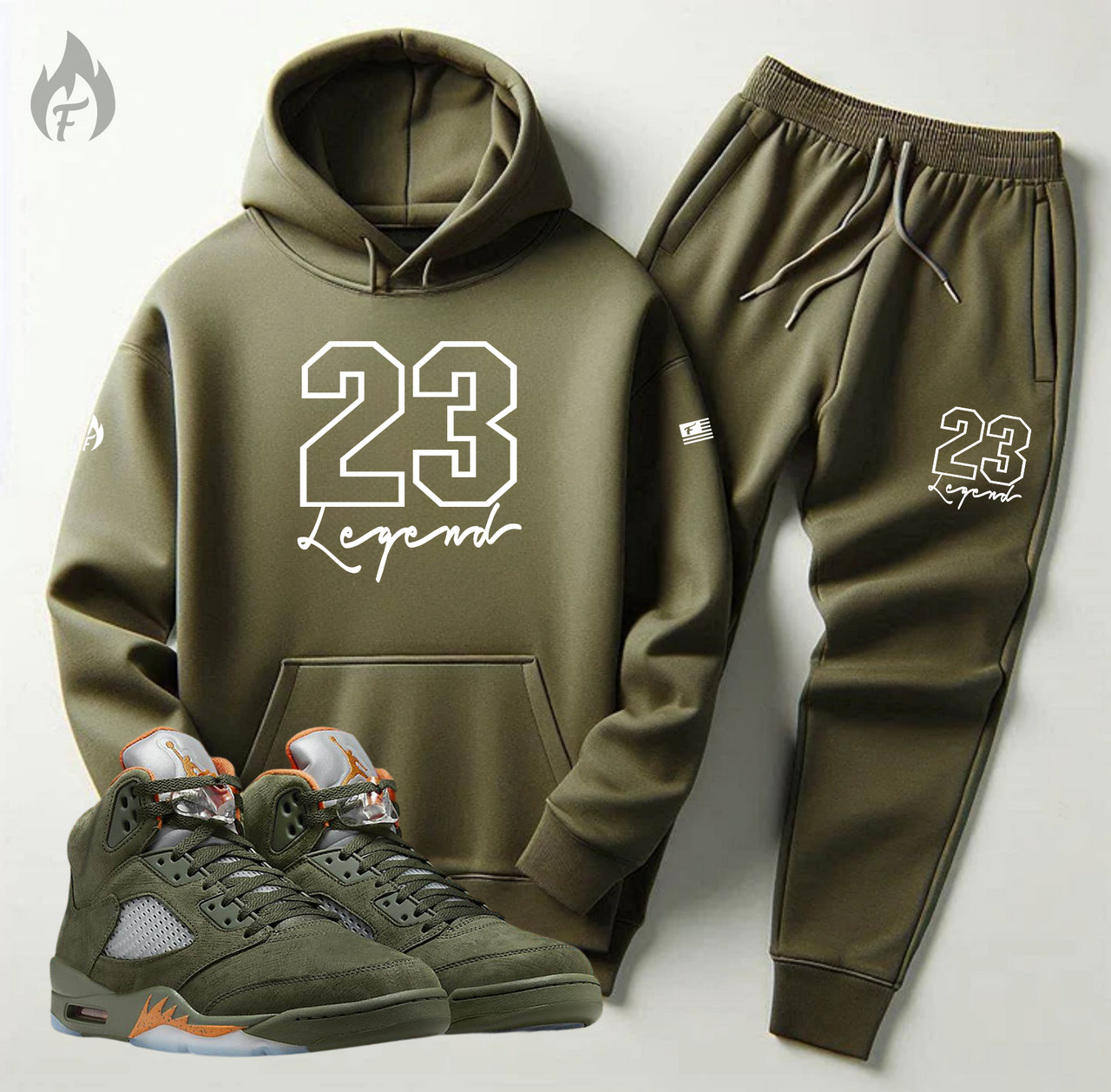 Men's Olive Sweatsuit 23 Legend Hoodie Joggers 2pc. Set To Match Air Jordan 5 Retro Olive