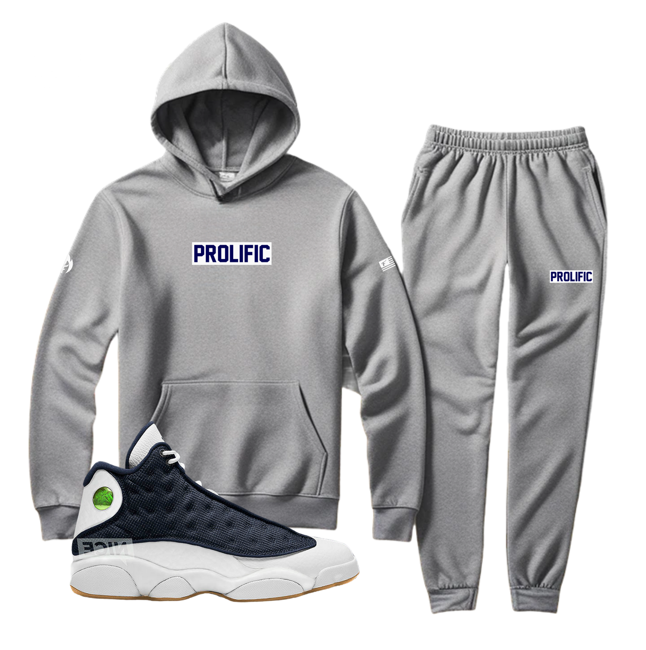 Men's Grey Hoodie and Joggers Set To Match Jordan Retro 13 Midnight Navy Prolific Sweatsuit