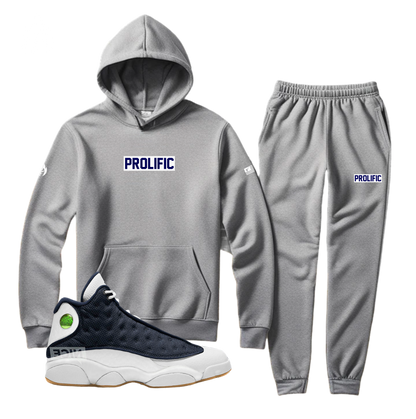 Men's Grey Hoodie and Joggers Set To Match Jordan Retro 13 Midnight Navy Prolific Sweatsuit