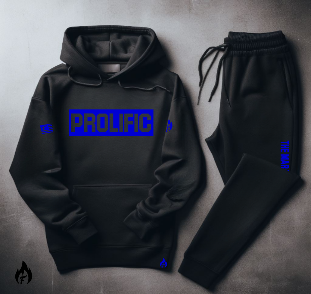 Black "PROLIFIC" Sneaker Sweatsuit For Men Inspired By Air Jordan 13 Hyper Royal Blue Black Colorway