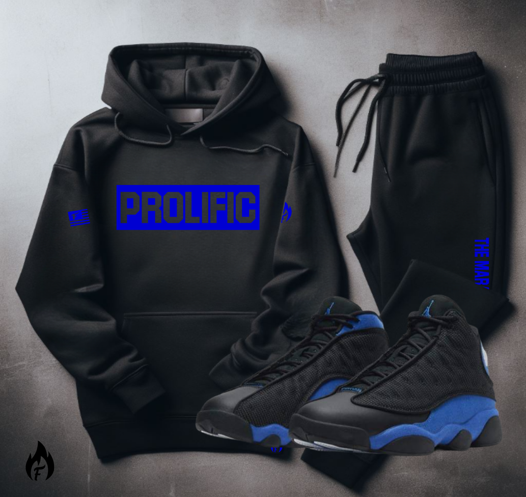 Black "PROLIFIC" Sneaker Sweatsuit For Men Inspired By Air Jordan 13 Hyper Royal Blue Black Colorway