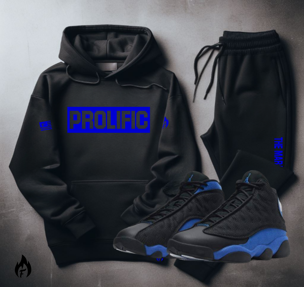 Men's Black Sweatsuit To Match Air Jordan Retro 13 Hyper Royal Blue PROLIFIC Black Hoodie Joggers Set