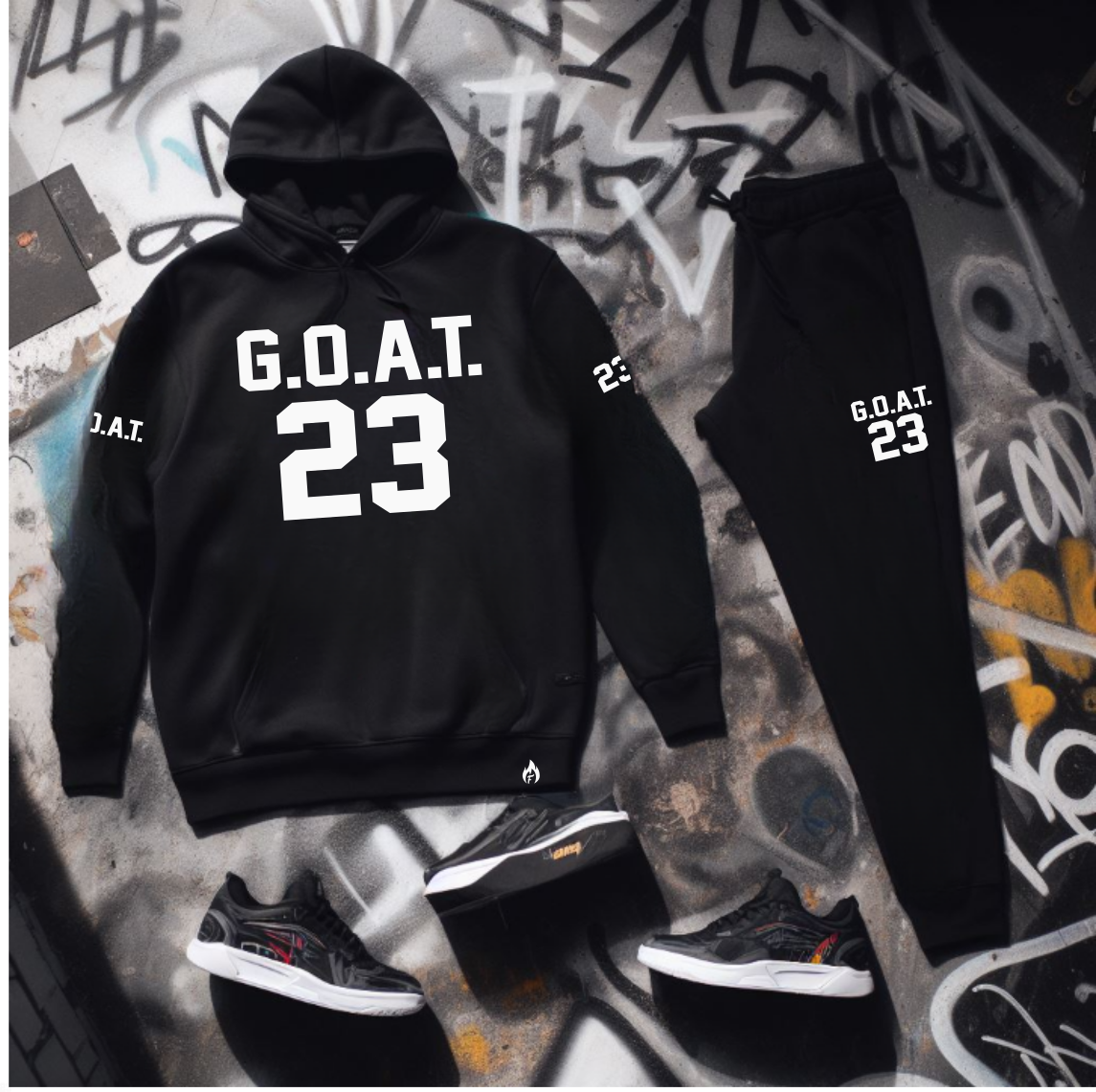 Men's G.O.A.T. 23 Black Sweatsuit Matching Air Jordan Retro 13 Playoffs Sneaker Graphics Hoodie and Joggers