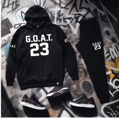 Men's G.O.A.T. 23 Black Sweatsuit Matching Air Jordan Retro 13 Playoffs Sneaker Graphics Hoodie and Joggers