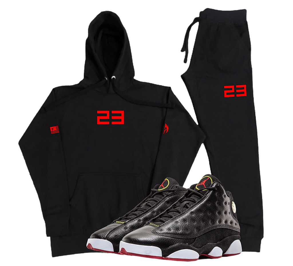 Men's Black 23 Sweatsuit To Match Air Jordan 13 Playoffs Black Red Sneaker Hoodie and Joggers Set