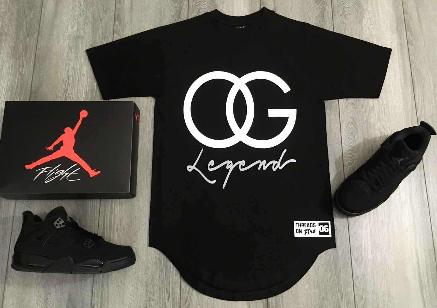 OG Legend Black Drop Tail T-Shirt To Match Black White Air Jordan Sneakers
