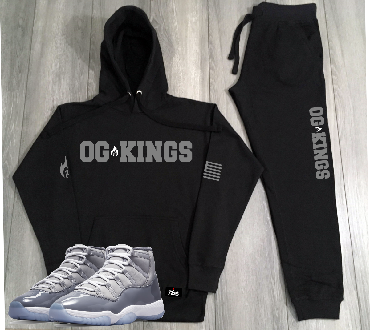 Men's Black and Grey Sweatsuit To Match Air Jordan 11 Cool Grey Black Sneaker Hoodie and Joggers