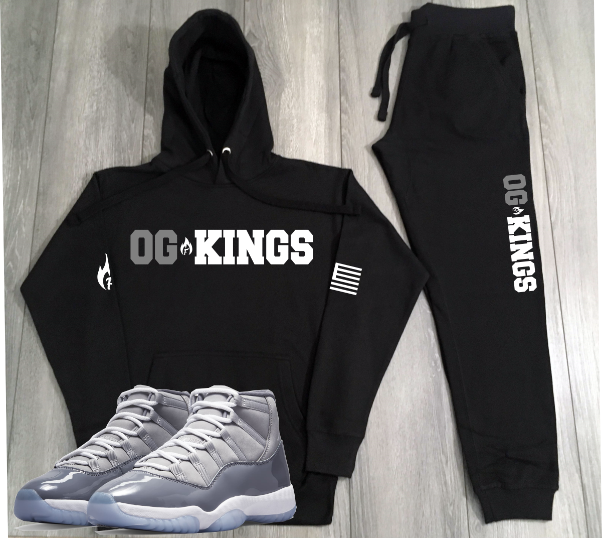 Men's Black Streetwear Sweatsuit To Match Air Jordan 11 Cool Grey Hoodie Joggers Set