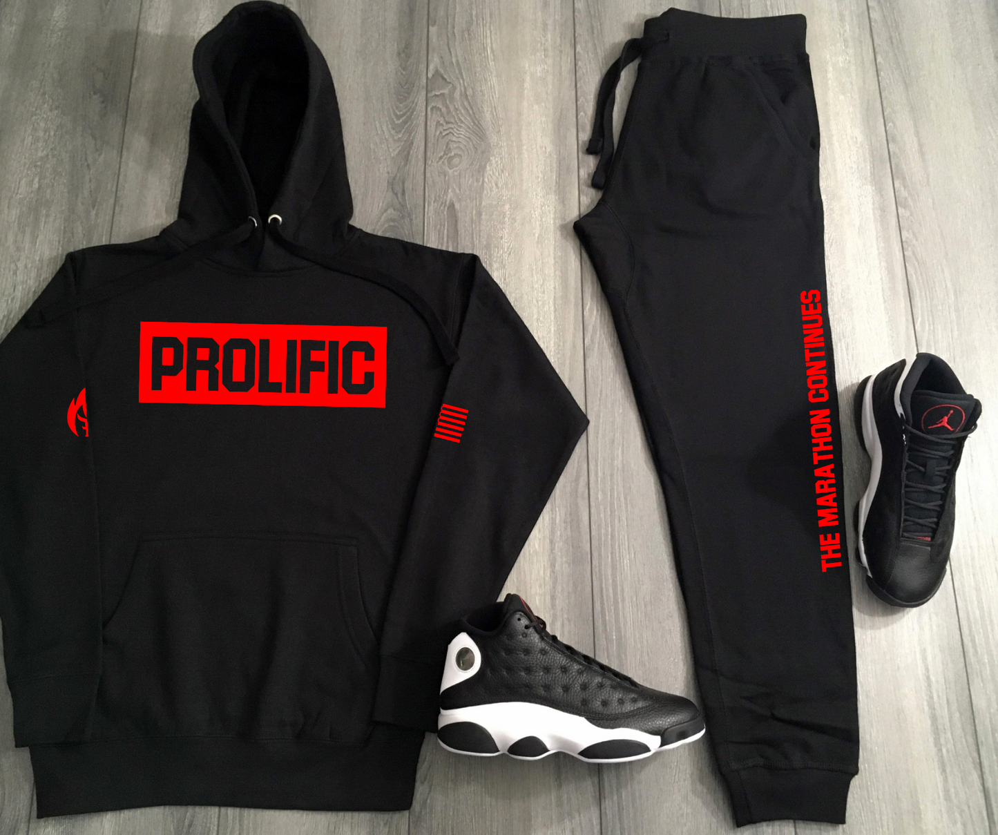 Men's Sneaker Sweatsuit PROLIFIC Graphic Inspired by Air Jordan 13 Black Red Hoodie and Joggers Set