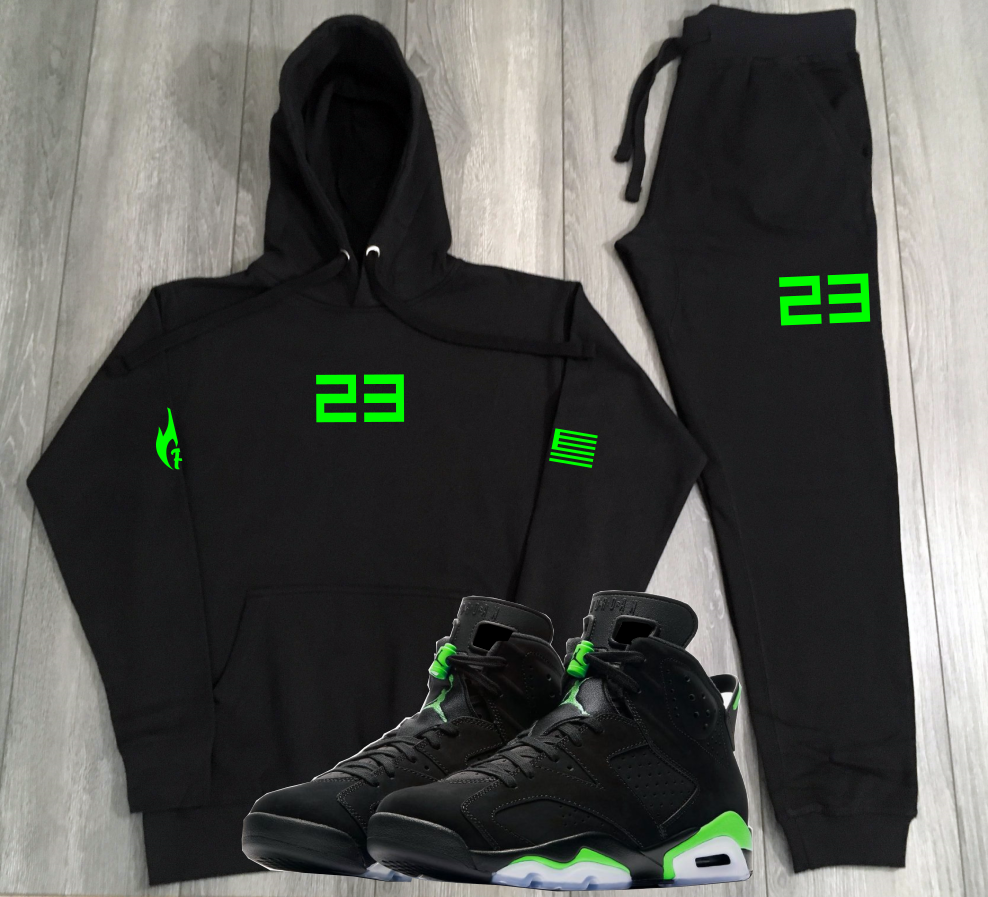 Black 23 Legend Tracksuit To Match Jordan Retro Retro 6 Electric Green Men's Sweatsuit 2pc. Hoodie Joggers Set