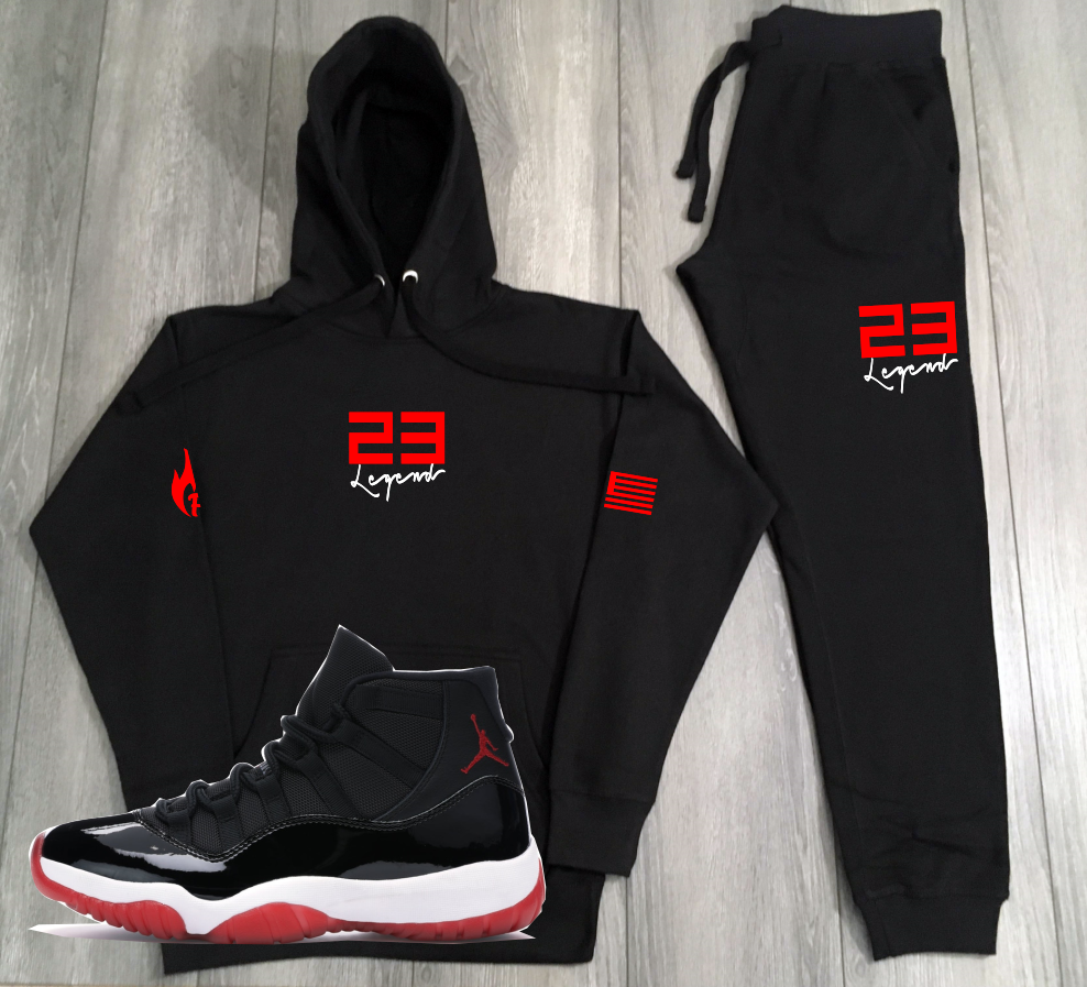 Men's 23 Legend Black Red Sneaker Sweatsuit To Match Air Jordan 11 Bred Hoodie Joggers Set